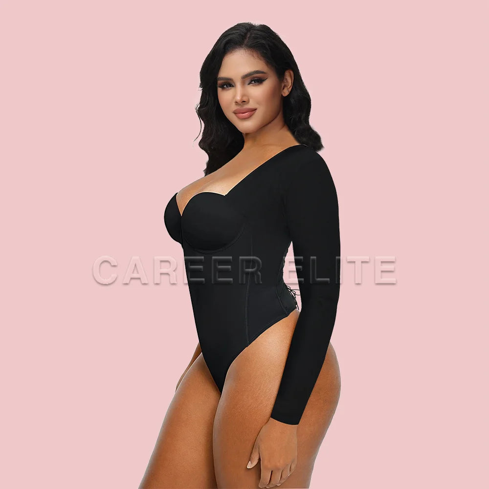 Women's Shapewear Tight Top Black Trimmer Modeling Strap Tummy Control Bodysuits Long Sleeves Waist Trainer Back Straps