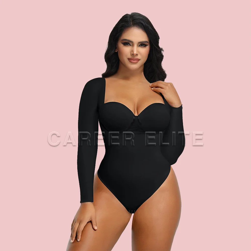 Women's Shapewear Tight Top Black Trimmer Modeling Strap Tummy Control Bodysuits Long Sleeves Waist Trainer Back Straps